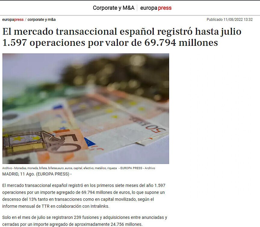 El mercado transaccional espaol registr hasta julio 1.597 operaciones por valor de 69.794 millones